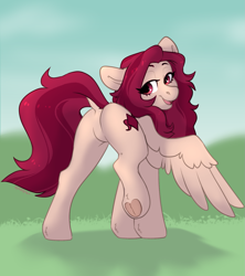 Size: 1497x1688 | Tagged: safe, artist:itsspoops, oc, oc only, oc:crimm harmony, pegasus, pony, butt, dock, featureless crotch, lidded eyes, looking at you, looking back, plot, smiling, solo, spread wings, tail, underhoof, wings