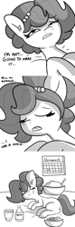 Size: 3300x9900 | Tagged: safe, artist:tjpones, oc, oc only, oc:brownie bun, earth pony, pony, horse wife, black and white, calendar, canada, comic, crying, dialogue, eyes closed, female, grayscale, holiday, lying down, mare, monochrome, pepto-bismol, solo, stomach ache, thanksgiving
