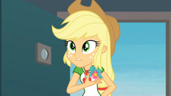 Size: 3410x1920 | Tagged: safe, screencap, applejack, equestria girls, equestria girls specials, g4, my little pony equestria girls: better together, my little pony equestria girls: rollercoaster of friendship, applejack's hat, clothes, cowboy hat, cutie mark, cutie mark on clothes, female, geode of super strength, hat, high res, jewelry, magical geodes, necklace, solo