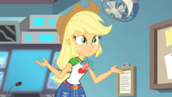 Size: 3410x1920 | Tagged: safe, screencap, applejack, equestria girls, equestria girls specials, g4, my little pony equestria girls: better together, my little pony equestria girls: rollercoaster of friendship, applejack's hat, belt, clothes, cowboy hat, cutie mark, cutie mark on clothes, denim skirt, female, geode of super strength, hat, high res, jewelry, magical geodes, necklace, skirt, solo