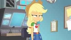 Size: 3410x1920 | Tagged: safe, screencap, applejack, equestria girls, equestria girls specials, g4, my little pony equestria girls: better together, my little pony equestria girls: rollercoaster of friendship, applejack is not amused, applejack's hat, belt, clothes, cowboy hat, cutie mark, cutie mark on clothes, denim skirt, female, geode of super strength, hat, high res, jewelry, magical geodes, necklace, skirt, solo, unamused