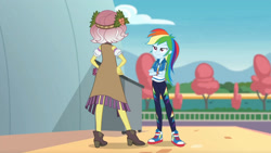 Size: 3410x1920 | Tagged: safe, screencap, rainbow dash, vignette valencia, human, equestria girls, equestria girls specials, g4, my little pony equestria girls: better together, my little pony equestria girls: rollercoaster of friendship, cellphone, clothes, crossed arms, cutie mark, cutie mark on clothes, duo, duo female, female, geode of super speed, hand on hip, high res, hoodie, jewelry, magical geodes, necklace, phone, shoes, smartphone, smiling, sneakers