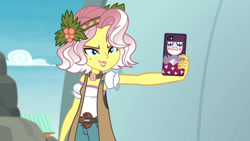 Size: 3410x1920 | Tagged: safe, screencap, vignette valencia, equestria girls, equestria girls specials, g4, my little pony equestria girls: better together, my little pony equestria girls: rollercoaster of friendship, cellphone, female, high res, phone, smartphone, smiling, solo