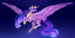 Size: 1280x663 | Tagged: safe, artist:copshop, twilight sparkle, alicorn, pony, g4, the last problem, concave belly, crown, cutie mark, ethereal mane, female, flying, hoof shoes, jewelry, mare, older, older twilight, older twilight sparkle (alicorn), peytral, princess twilight 2.0, regalia, solo, spread wings, starry mane, twilight sparkle (alicorn), wings