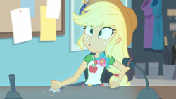 Size: 3410x1920 | Tagged: safe, screencap, applejack, equestria girls, equestria girls specials, g4, my little pony equestria girls: better together, my little pony equestria girls: rollercoaster of friendship, :o, applejack's hat, belt, clothes, cowboy hat, cutie mark, cutie mark on clothes, denim skirt, female, geode of super strength, hat, high res, jewelry, magical geodes, necklace, open mouth, skirt, solo