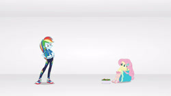 Size: 3410x1920 | Tagged: safe, screencap, fluttershy, rainbow dash, equestria girls, equestria girls specials, g4, my little pony equestria girls: better together, my little pony equestria girls: rollercoaster of friendship, clothes, cutie mark, cutie mark on clothes, female, geode of super speed, hairpin, hand on hip, high res, hoodie, jewelry, magical geodes, necklace, sandals, shoes, sneakers
