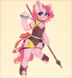 Size: 1020x1100 | Tagged: safe, artist:saltyvity, pinkie pie, earth pony, pony, anthro, blue eyes, cake, collaboration, cute, food, genshin impact, pink hair, solo, sparkles, spear, weapon, xianling