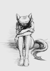 Size: 2480x3508 | Tagged: safe, artist:razlads-slave, oc, oc only, oc:strelka, anthro, plantigrade anthro, arrow, depressed, high res, monochrome, sad, sitting, solo