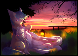 Size: 1500x1072 | Tagged: safe, artist:primarylilybrisk, oc, oc only, earth pony, pony, blushing, duo, female, glasses, grass, lantern, lying down, male, mare, on back, outdoors, sitting, sky, stallion, tree, twilight (astronomy)