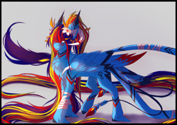 Size: 1600x1131 | Tagged: safe, artist:primarylilybrisk, oc, oc only, oc:primarylily brisk, pegasus, pony, bandage, chest fluff, claws, folded wings, horn, male, solo, stallion, standing, tail, tail feathers, unshorn fetlocks, wing claws, wings
