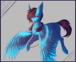 Size: 1200x975 | Tagged: safe, artist:primarylilybrisk, oc, oc only, pegasus, pony, flying, headphones, looking at you, male, signature, solo, spread wings, stallion, wings