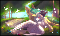 Size: 1300x790 | Tagged: safe, artist:primarylilybrisk, oc, oc only, butterfly, pegasus, pony, choker, crepuscular rays, duo, eyes closed, female, grass, lying, male, mare, outdoors, sky, stallion, tree