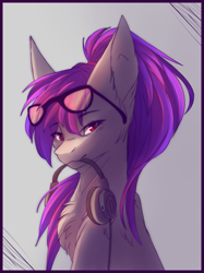 Size: 899x1200 | Tagged: safe, artist:primarylilybrisk, oc, oc only, pony, bust, chest fluff, female, hairband, headphones, looking at you, mare, mouth hold, ponytail, red eyes, solo, sunglasses