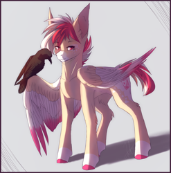 Size: 1450x1470 | Tagged: safe, artist:primarylilybrisk, oc, oc only, bird, pegasus, pony, raven (bird), colored hooves, looking at you, male, solo, spread wings, stallion, standing, wings