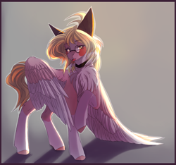 Size: 1450x1355 | Tagged: safe, artist:primarylilybrisk, oc, oc only, pegasus, pony, chest fluff, choker, coat markings, colored hooves, colored wings, glasses, looking at you, socks (coat markings), solo, spread wings, standing, tongue out, two toned wings, wings