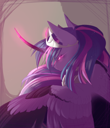 Size: 1010x1176 | Tagged: safe, artist:primarylilybrisk, twilight sparkle, alicorn, pony, g4, bust, colored wings, crown, curved horn, female, glowing, glowing eyes, glowing horn, horn, jewelry, mare, regalia, solo, twilight sparkle (alicorn), wings