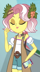 Size: 1048x1839 | Tagged: safe, edit, edited screencap, screencap, vignette valencia, equestria girls, equestria girls specials, g4, my little pony equestria girls: better together, my little pony equestria girls: rollercoaster of friendship, cellphone, clothes, cropped, eyes closed, phone, smiling, solo