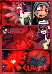 Size: 2480x3508 | Tagged: safe, artist:dsana, fizzlepop berrytwist, tempest shadow, oc, oc:fireweed, oc:thistledown, earth pony, pony, unicorn, comic:a storm's lullaby, g4, comic, high res, oh crap