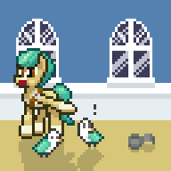 Size: 512x512 | Tagged: safe, artist:nitobit, hitch trailblazer, bird, earth pony, pony, g5, my little pony: a new generation, angry, can, exclamation point, male, maretime bay, pixel art, pointing, stallion, yelling