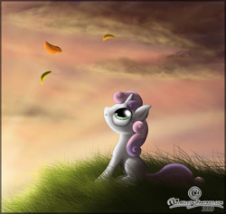 Size: 1593x1509 | Tagged: safe, artist:lilafly, sweetie belle, pony, unicorn, g4, blank flank, female, filly, grass, leaf, sky, solo