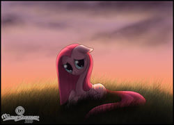 Size: 1746x1257 | Tagged: safe, artist:lilafly, pinkie pie, earth pony, pony, g4, 2013, floppy ears, grass, lying down, pinkamena diane pie, prone, sad, sky, solo