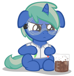 Size: 3320x3420 | Tagged: safe, artist:strategypony, oc, oc only, oc:nova spark, pony, unicorn, beaker, clothes, experiment, female, filly, floppy ears, foal, goggles, high res, horn, lab coat, not chocolate, safety goggles, science, serious, simple background, sitting, test tube, transparent background, unicorn oc