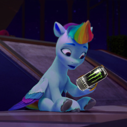 Size: 804x804 | Tagged: safe, edit, edited screencap, editor:apatheticxaddict, screencap, rainbow dash, zipp storm, pegasus, pony, g5, my little pony: a new generation, female, mare, monster energy, palette swap, recolor, solo