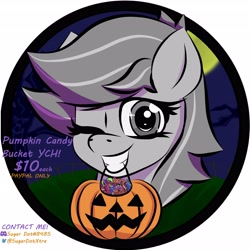 Size: 4096x4096 | Tagged: safe, artist:sugardotxtra, pony, candy, commission, food, halloween, holiday, looking at you, one eye closed, pumpkin, wink, winking at you, ych example, your character here