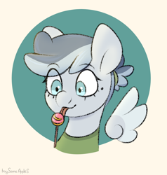 Size: 1170x1231 | Tagged: safe, artist:buy_some_apples, oc, oc only, pegasus, pony, bust, candy, food, licking, lollipop, portrait, solo, tongue out