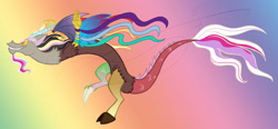 Size: 2154x1002 | Tagged: safe, alternate version, artist:vaiya, discord, draconequus, g4, abstract background, male, rainbow power, running, solo