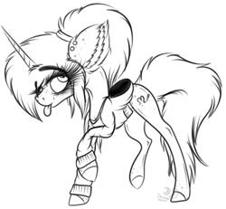 Size: 2156x1994 | Tagged: safe, artist:beamybutt, oc, oc only, oc:heart sketch, alicorn, pony, :p, alicorn oc, ear fluff, ear piercing, eyelashes, female, horn, lineart, mare, monochrome, piercing, raised hoof, signature, solo, tongue out, wings