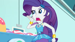 Size: 3410x1920 | Tagged: safe, screencap, rarity, equestria girls, equestria girls specials, g4, my little pony equestria girls: better together, my little pony equestria girls: rollercoaster of friendship, bracelet, female, geode of shielding, hairpin, high res, jewelry, magical geodes, open mouth, rarity peplum dress, solo