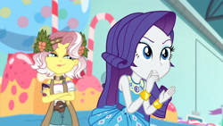 Size: 3410x1920 | Tagged: safe, screencap, rarity, vignette valencia, equestria girls, equestria girls specials, g4, my little pony equestria girls: better together, my little pony equestria girls: rollercoaster of friendship, bracelet, crossed arms, female, geode of shielding, hairpin, high res, jewelry, magical geodes, open mouth, rarity peplum dress