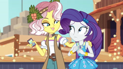 Size: 3410x1920 | Tagged: safe, screencap, rarity, vignette valencia, equestria girls, equestria girls specials, g4, my little pony equestria girls: better together, my little pony equestria girls: rollercoaster of friendship, bracelet, cellphone, female, geode of shielding, hairpin, hand on shoulder, high res, jewelry, magical geodes, phone, rarity peplum dress, smartphone, smiling
