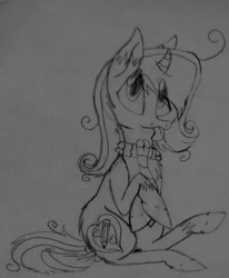 Size: 1125x1364 | Tagged: safe, artist:sketchytwi, oc, oc only, pony, unicorn, :p, clothes, female, grayscale, lineart, mare, monochrome, raised hoof, scarf, sitting, solo, tongue out, traditional art