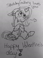 Size: 1572x2153 | Tagged: safe, artist:sketchytwi, oc, oc only, pony, unicorn, clothes, female, floppy ears, grayscale, happy valentines day, horn, lineart, mare, monochrome, scarf, sitting, solo, traditional art, unicorn oc, unshorn fetlocks