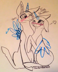 Size: 1024x1280 | Tagged: safe, artist:sketchytwi, oc, oc only, alicorn, pony, alicorn oc, bald, base, blushing, duo, female, heart, horn, male, mare, nervous, oc x oc, shipping, sitting, stallion, traditional art, wings