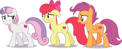 Size: 9034x3645 | Tagged: safe, artist:kojibiose, apple bloom, scootaloo, sweetie belle, earth pony, pegasus, pony, unicorn, g4, growing up is hard to do, absurd resolution, cutie mark crusaders, floppy ears, older, older apple bloom, older scootaloo, older sweetie belle, simple background, transparent background, trio