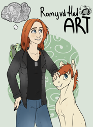 Size: 876x1200 | Tagged: safe, artist:royvdhel-art, oc, oc only, oc:romy, bird, earth pony, human, pony, bust, clothes, earth pony oc, grin, male, pants, petting, smiling, stallion, thought bubble