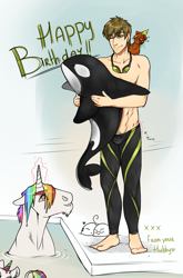 Size: 1037x1574 | Tagged: safe, artist:royvdhel-art, oc, oc only, human, orca, pony, unicorn, feet, glowing, glowing horn, happy birthday, horn, male, multicolored hair, rainbow hair, stallion, swimming pool, unicorn oc, wet, wet mane