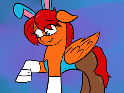 Size: 1024x768 | Tagged: safe, artist:tranzmuteproductions, oc, oc only, oc:goldenfox, pegasus, pony, abstract background, blushing, bunny ears, bunny suit, clothes, crossdressing, cuffs (clothes), floppy ears, hoof gloves, leotard, male, pantyhose, pegasus oc, raised hoof, solo, stallion, wings