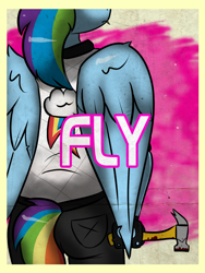 Size: 1296x1728 | Tagged: safe, artist:tranzmuteproductions, rainbow dash, pegasus, anthro, g4, blood, choker, clothes, cutie mark, cutie mark on clothes, female, fingerless gloves, gloves, hammer, pants, solo, wings