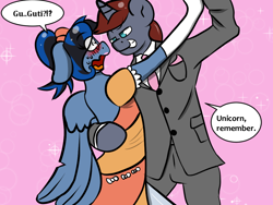 Size: 1024x768 | Tagged: safe, artist:tranzmuteproductions, oc, oc only, oc:gutiu serenade, oc:thornquill, pegasus, pony, unicorn, arm hooves, blushing, clothes, crossdressing, dancing, dialogue, dressing, duo, embarrassed, evening gloves, gay, gloves, horn, long gloves, male, necktie, pegasus oc, pink background, simple background, smiling, smirk, suit, unicorn oc, wings