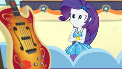 Size: 3410x1920 | Tagged: safe, screencap, rarity, equestria girls, equestria girls specials, g4, my little pony equestria girls: better together, my little pony equestria girls: rollercoaster of friendship, bass guitar, bracelet, crossed arms, female, geode of shielding, hairpin, high res, jewelry, magical geodes, musical instrument, rarity peplum dress, solo