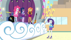 Size: 3410x1920 | Tagged: safe, screencap, pinkie pie, rarity, sci-twi, sunset shimmer, twilight sparkle, equestria girls, equestria girls specials, g4, my little pony equestria girls: better together, my little pony equestria girls: rollercoaster of friendship, bass guitar, bowtie, bracelet, clothes, crossed arms, cutie mark, cutie mark on clothes, drums, female, geode of empathy, geode of shielding, geode of sugar bombs, geode of telekinesis, glasses, hairpin, high heels, high res, jacket, jewelry, leather, leather jacket, magical geodes, musical instrument, necklace, ponytail, rarity peplum dress, shoes, tank top
