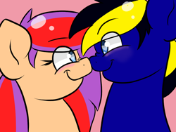 Size: 1024x768 | Tagged: safe, artist:tranzmuteproductions, oc, oc only, earth pony, pony, bust, earth pony oc, female, looking at each other, male, mare, oc x oc, pink background, shipping, simple background, smiling, stallion, straight