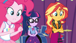 Size: 3410x1920 | Tagged: safe, screencap, pinkie pie, sci-twi, sunset shimmer, twilight sparkle, equestria girls, equestria girls specials, g4, my little pony equestria girls: better together, my little pony equestria girls: rollercoaster of friendship, bowtie, clothes, crossed arms, cutie mark, cutie mark on clothes, drums, female, geode of empathy, geode of sugar bombs, geode of telekinesis, glasses, high res, jacket, jewelry, leather, leather jacket, magical geodes, musical instrument, necklace, ponytail, tank top
