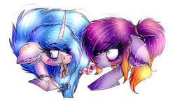 Size: 1024x601 | Tagged: safe, artist:beamybutt, oc, oc only, oc:moonbeam, alicorn, pony, alicorn oc, blushing, bust, chains, collaboration, duo, ear fluff, ethereal mane, eyelashes, horn, mouth hold, simple background, starry mane, transparent background, wide eyes, wings