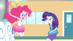 Size: 3410x1920 | Tagged: safe, screencap, pinkie pie, rarity, equestria girls, equestria girls specials, g4, my little pony equestria girls: better together, my little pony equestria girls: rollercoaster of friendship, bracelet, clothes, cute, cutie mark, cutie mark on clothes, diapinkes, female, geode of shielding, geode of sugar bombs, hairpin, high res, jewelry, magical geodes, necklace, open mouth, open smile, rarity peplum dress, smiling