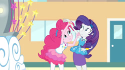 Size: 3410x1920 | Tagged: safe, screencap, pinkie pie, rarity, equestria girls, equestria girls specials, g4, my little pony equestria girls: better together, my little pony equestria girls: rollercoaster of friendship, bracelet, clothes, cute, cutie mark, cutie mark on clothes, diapinkes, female, geode of shielding, geode of sugar bombs, hairpin, high res, jewelry, magical geodes, necklace, rarity peplum dress, smiling